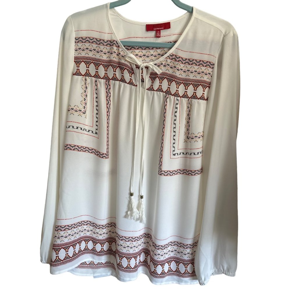 Saks Fifth Avenue RED size L cream southwest print tie neckline long sleeve top